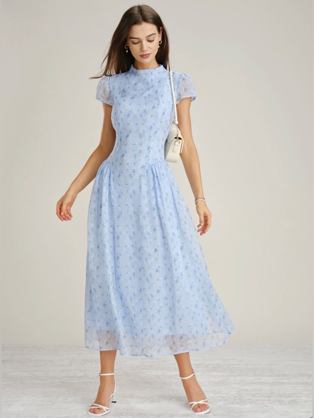 Blue Mock Neck Floral Chiffon Maxi Dress